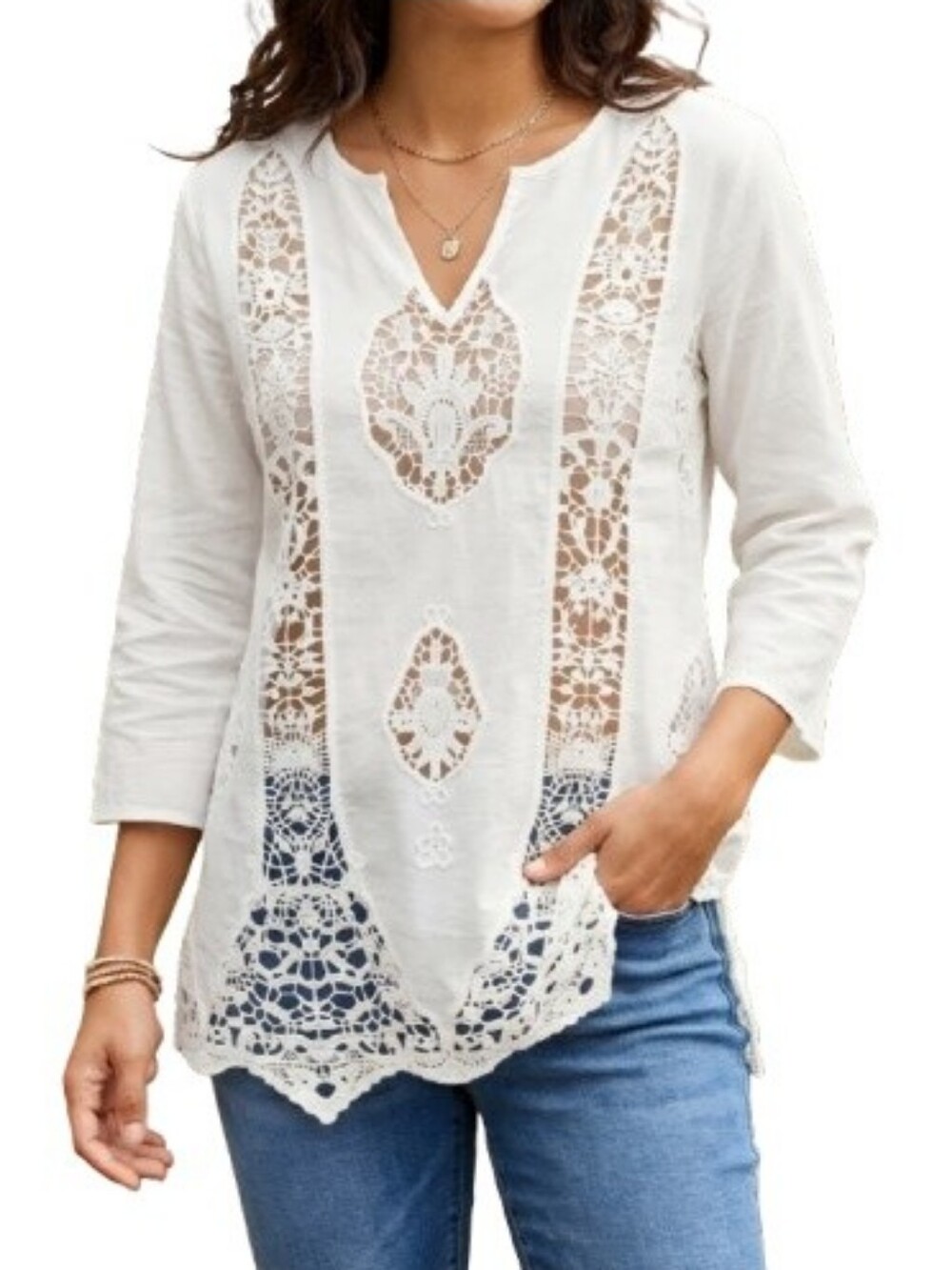 Mystree White Blouse Sheer Lace Panels 3/4 Sleeves Split V-Neck 100% Cotton